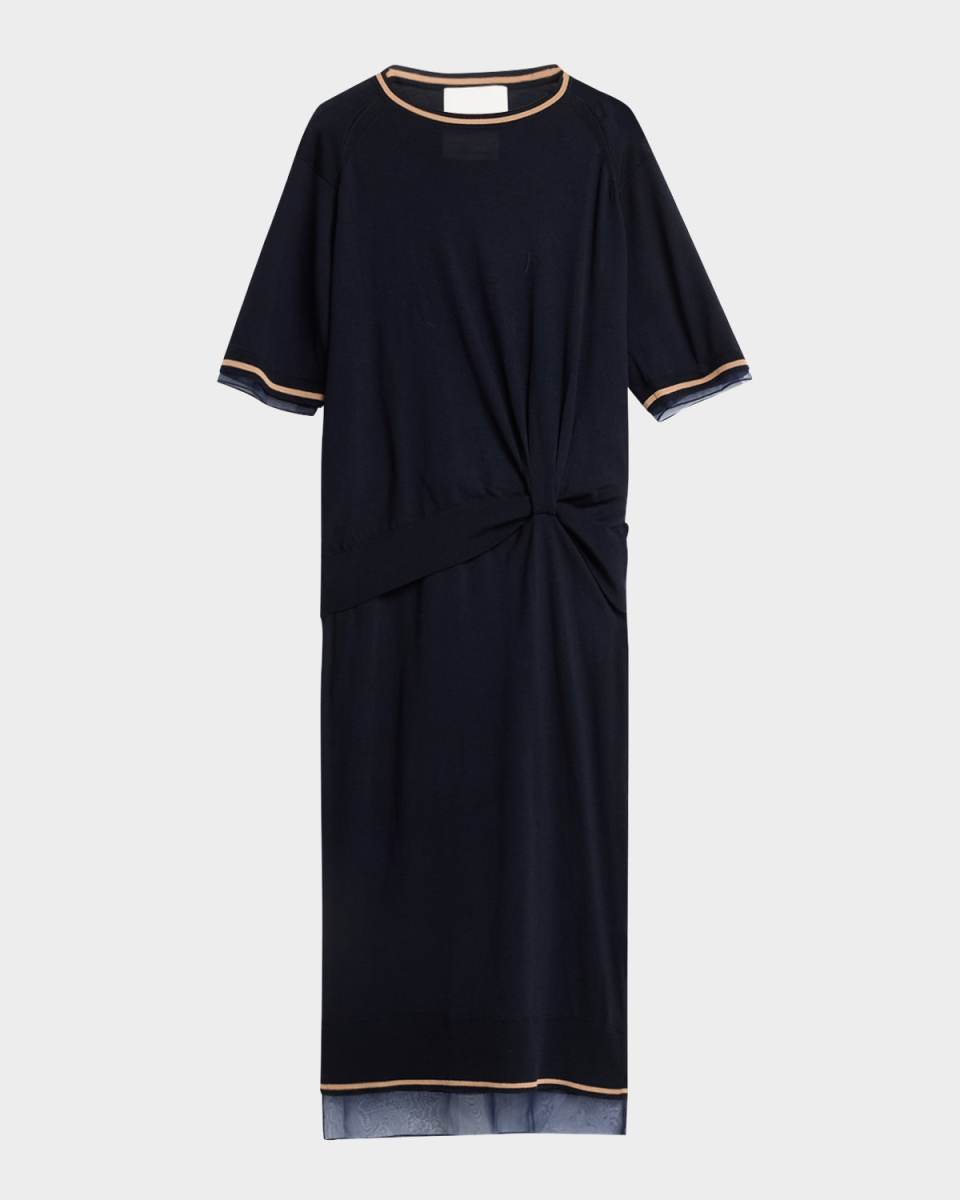 Short-Sleeve Draped Wool Organza Dress